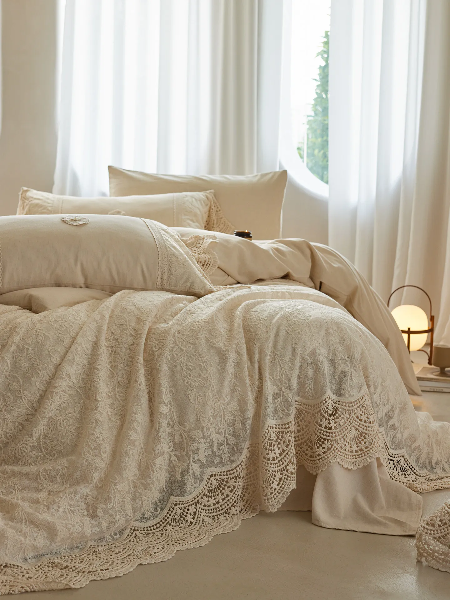 French Luxury Vintage Linen Cotton Bedding Set, Princess Style Lace Embroidery Floral Duvet Cover 4 Piece Set,Romantic Boho Chic