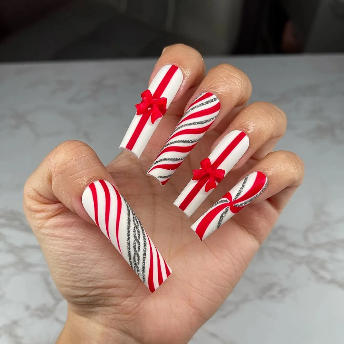 24 Uds. De uñas largas de Ballet para decoración de uñas de Navidad, uñas postizas con lazo francés 3D, cobertura completa, puntas de uñas postizas con purpurina