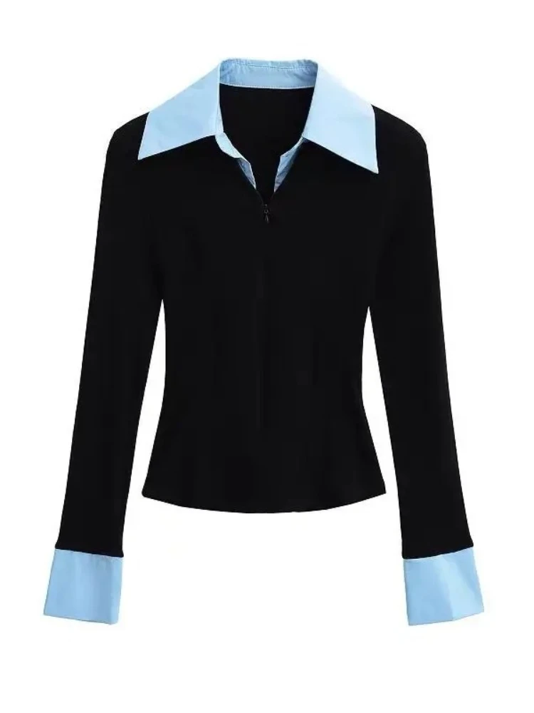 Polo Neck Contrast Patchwork Korean T Shirts Long Sleeve Fake Two-piece Trend Tops Fashion Office Spring Autumn Women Clothing