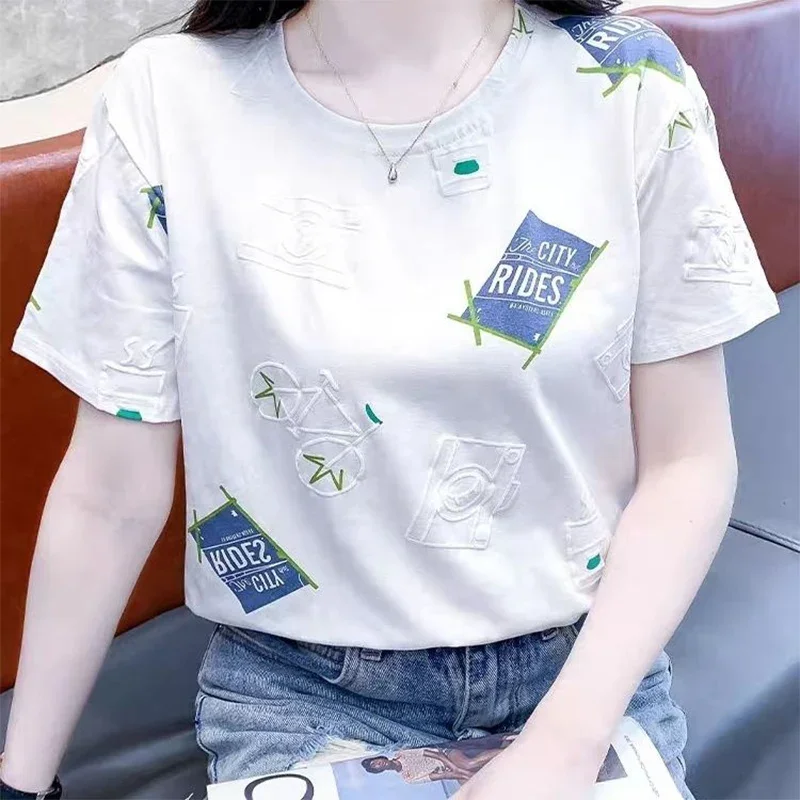 Casual White Short Sleeved Printed T-shirt for Women\'s Summer New Versatile Loose Slimming Fashionable Natural Comfort Top