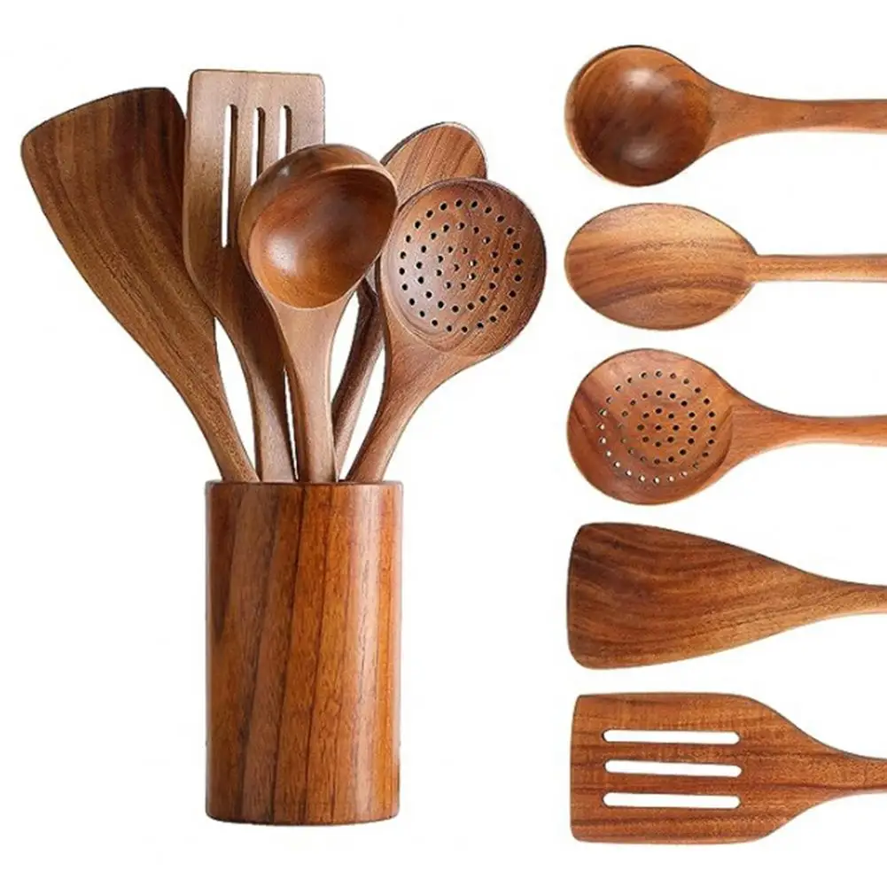 

Nonstick Kitchen Utensils Set 5/6 Pieces Wooden Utensil Set Wooden Cooking Utensils Set with Comfort Grip Spatula for Easy