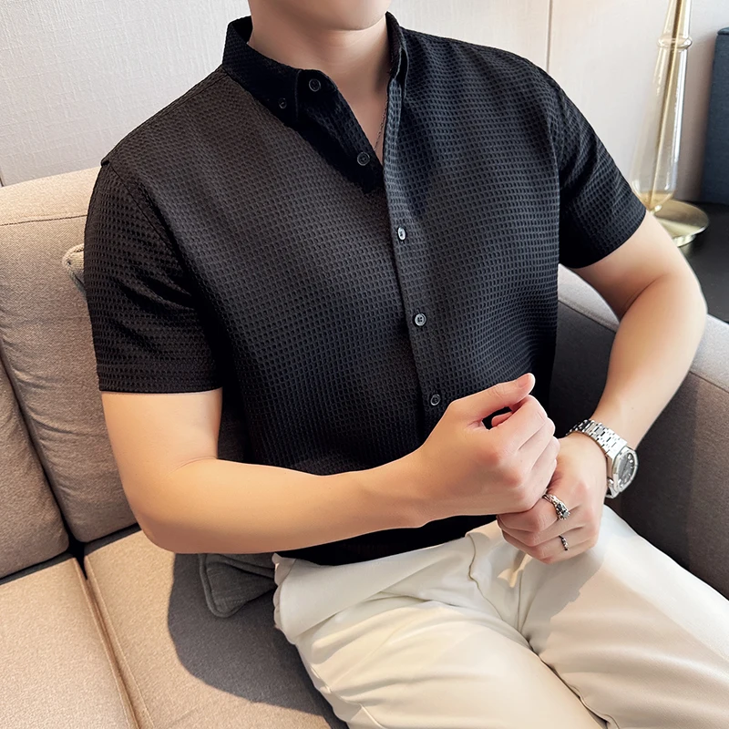 Thin Waffle Shirt, Non-Ironing Business Slim Shirt, Men\'s Short Sleeve Shirt Brown,Exquisite Business Short-Sleeved Shirt