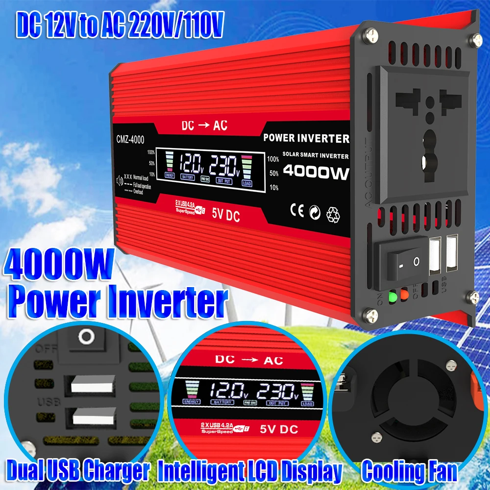 4000WModified SineWaveInverter DC 12V to AC 220V/110V Socket Converter for Car Home Outdoor solar Power Inverter，Universal sock