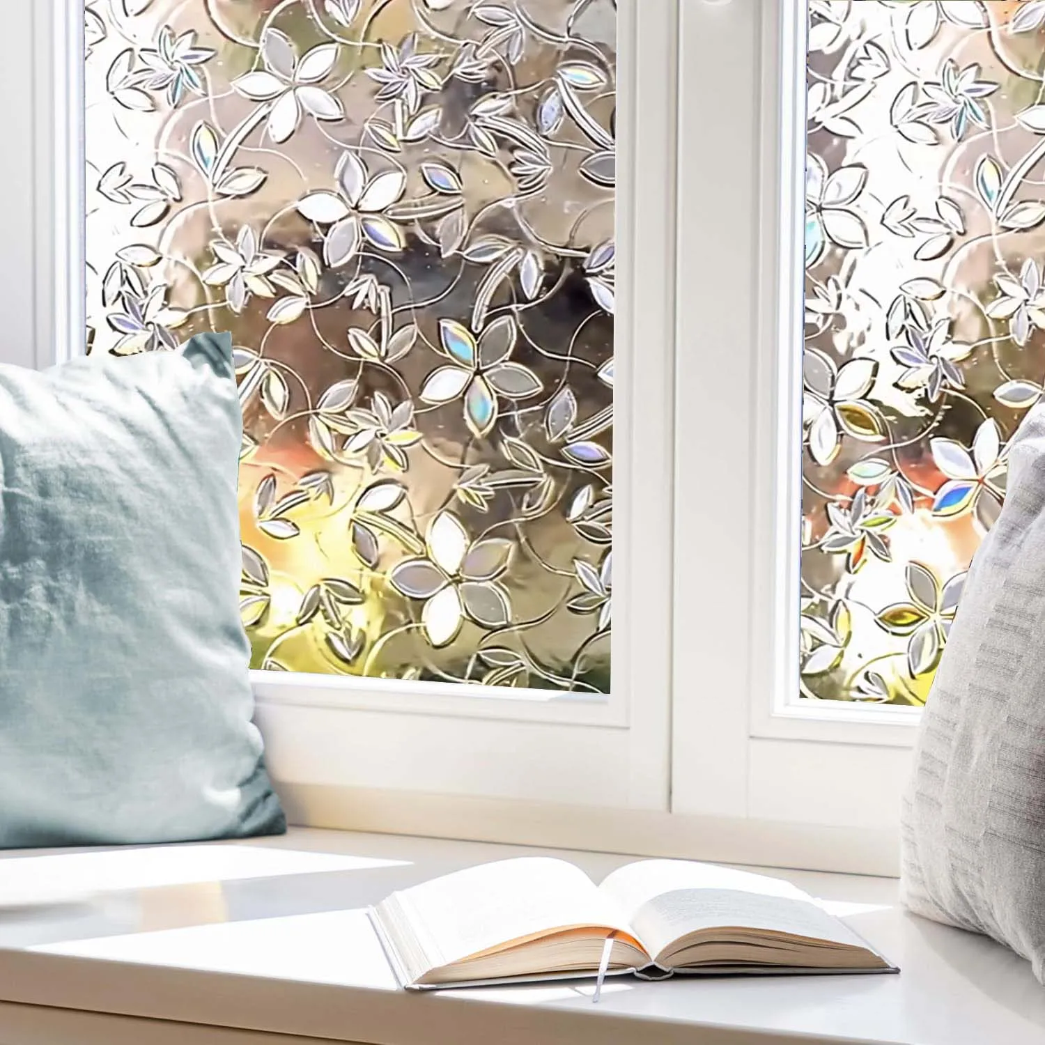 Stained Glass Window Privacy Film,Rainbow Floral Window Film, Non-Adhesive Removable Anti-UV Decorative Glass Sticker for Home