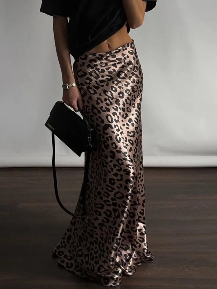 Mozision Satin Leopard Print Long Skirt Women Fashion High Waist Maxi Fishtail Skirt Ladies Fashion With Zipper Sexy Skirts