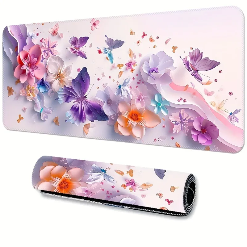 

3D butterfly design large gaming mouse pad, extra long and thick, non-slip rubber table mat, precision locking edge desk mat