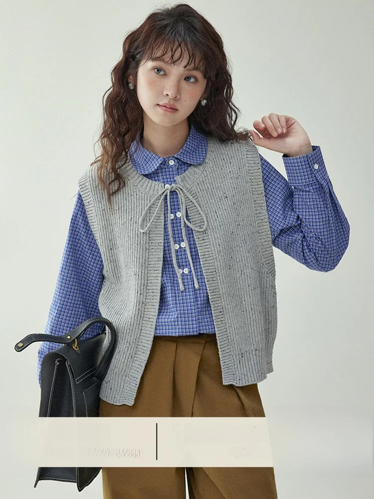 

AMUU оригинальный вязаный жилет женский осенне-зимний новый многослойный топ без рукавов из смеси хлопка и полиэстера круглый дизайн Ne