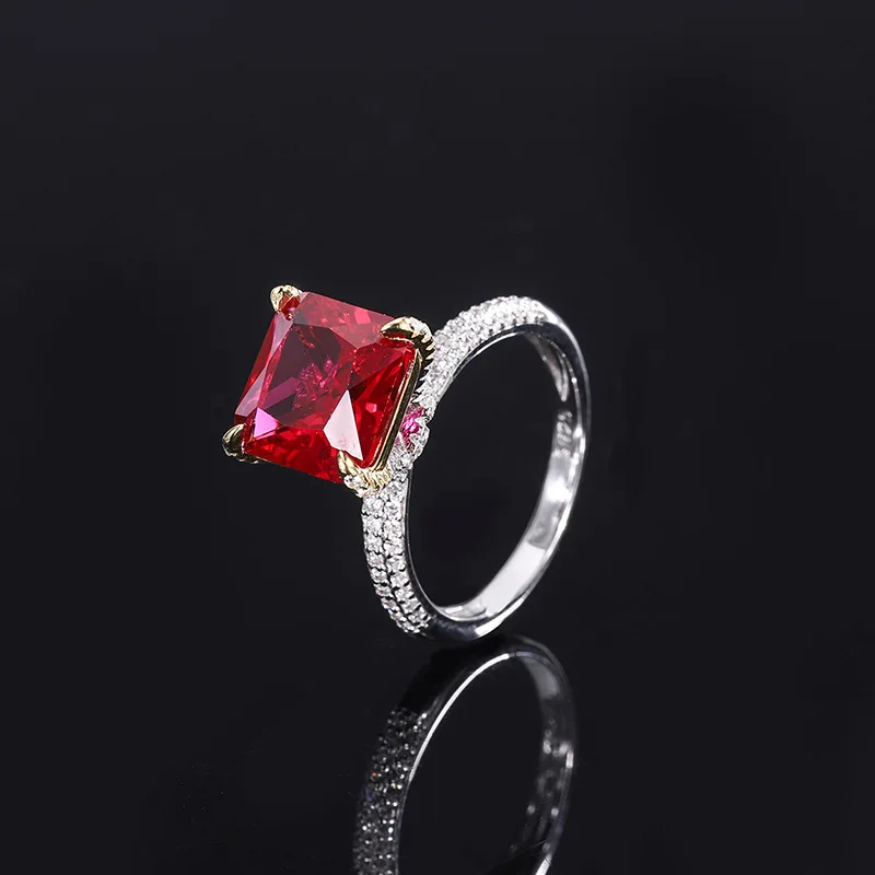 

New fashion trend S925 silver inlaid 5A zircon ladies personality color treasure emerald ruby square ring