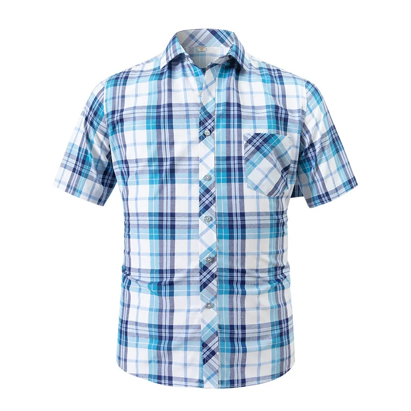 New Mens Shirt Short-sleeve Summer Fashion Leisure Design Plaid Slim Dress Formal Social Shirts Soft Button Down Male Clothes