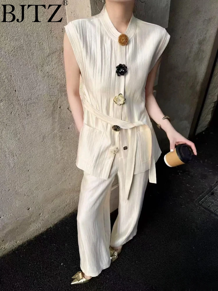 

BJTZ Sleeveless Vest Wide Leg Pants Set For Women 2025 Spring Summer New Trendy Temperament Office Lady Fashion Female Clothing