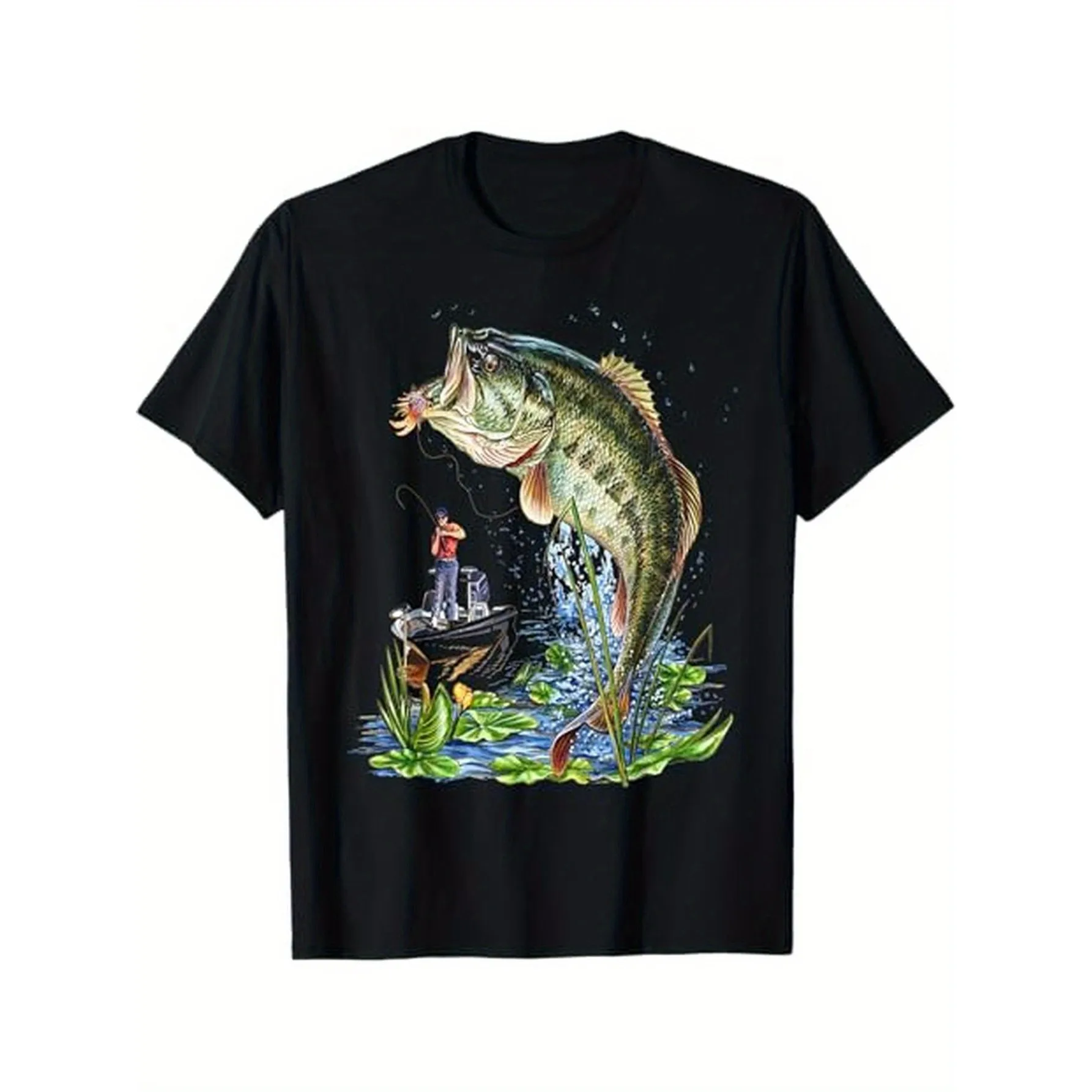 Jumping Bass Fish Angler Graphic Men's Cotton T-Shirt Casual Breathable Crew Neck Fishing Tee