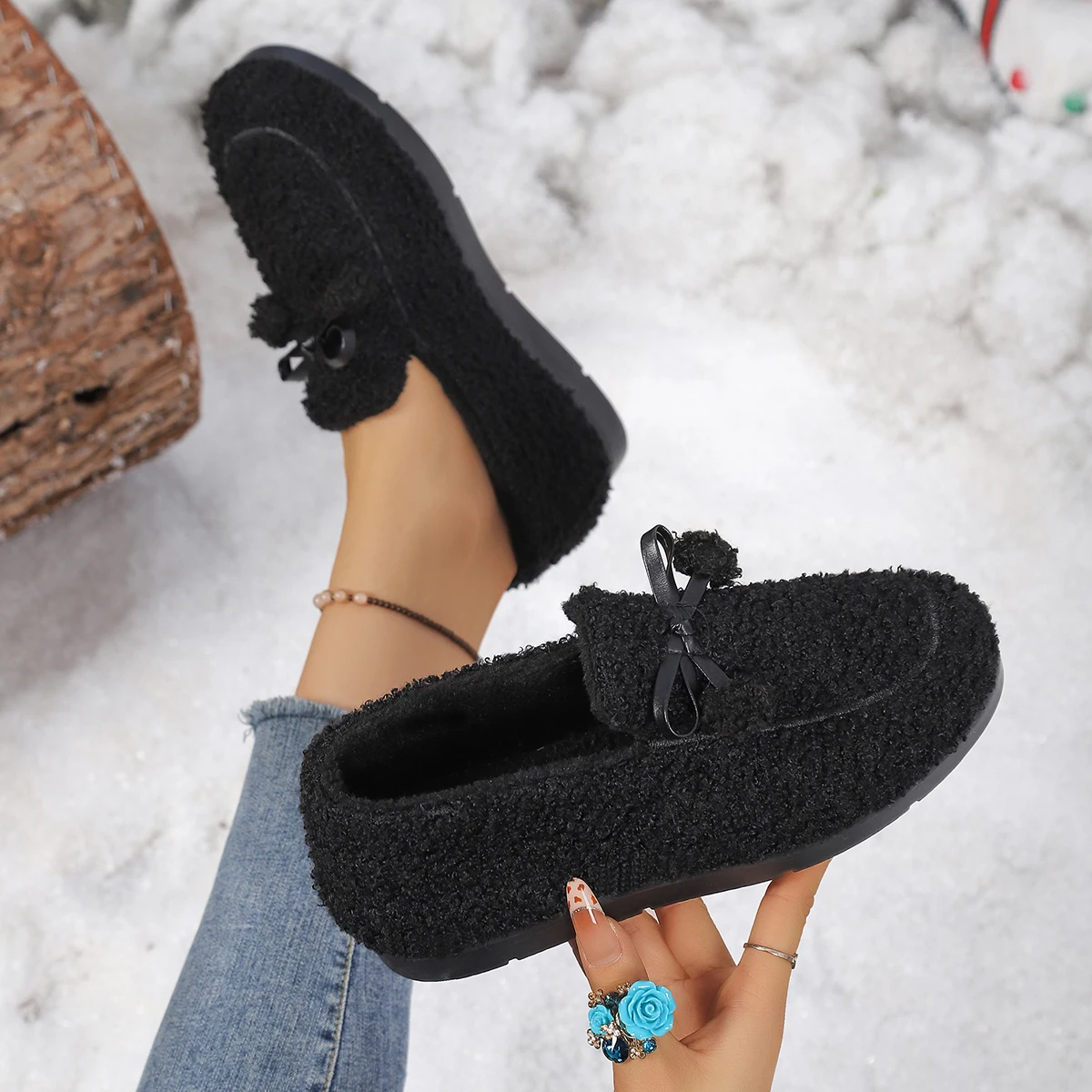 Women Winter Fluffy Loafers Bow Pom‑pom Slip‑on Fur Boots Snow Boots Warm Fleece Lined Non‑Slip Moccasin 2026 Trend Daily Wear view 5