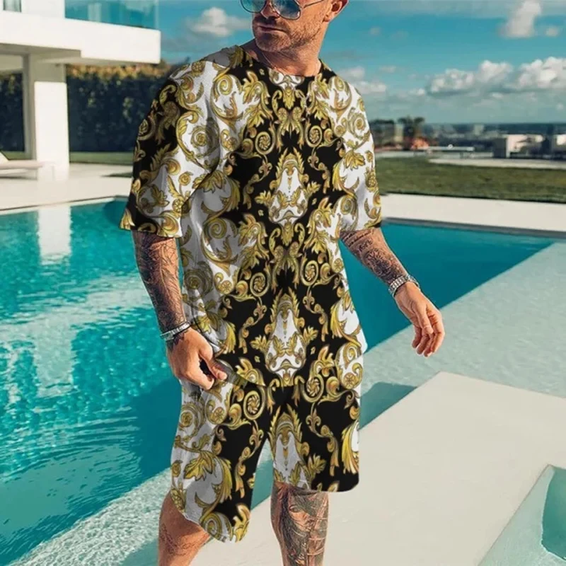 الرجال الصيف تي شيرت والسراويل القصيرة مجموعة الباروك الذهب زهرة 3D طباعة عارضة خمر الشارع الشهير رياضية 2PCS