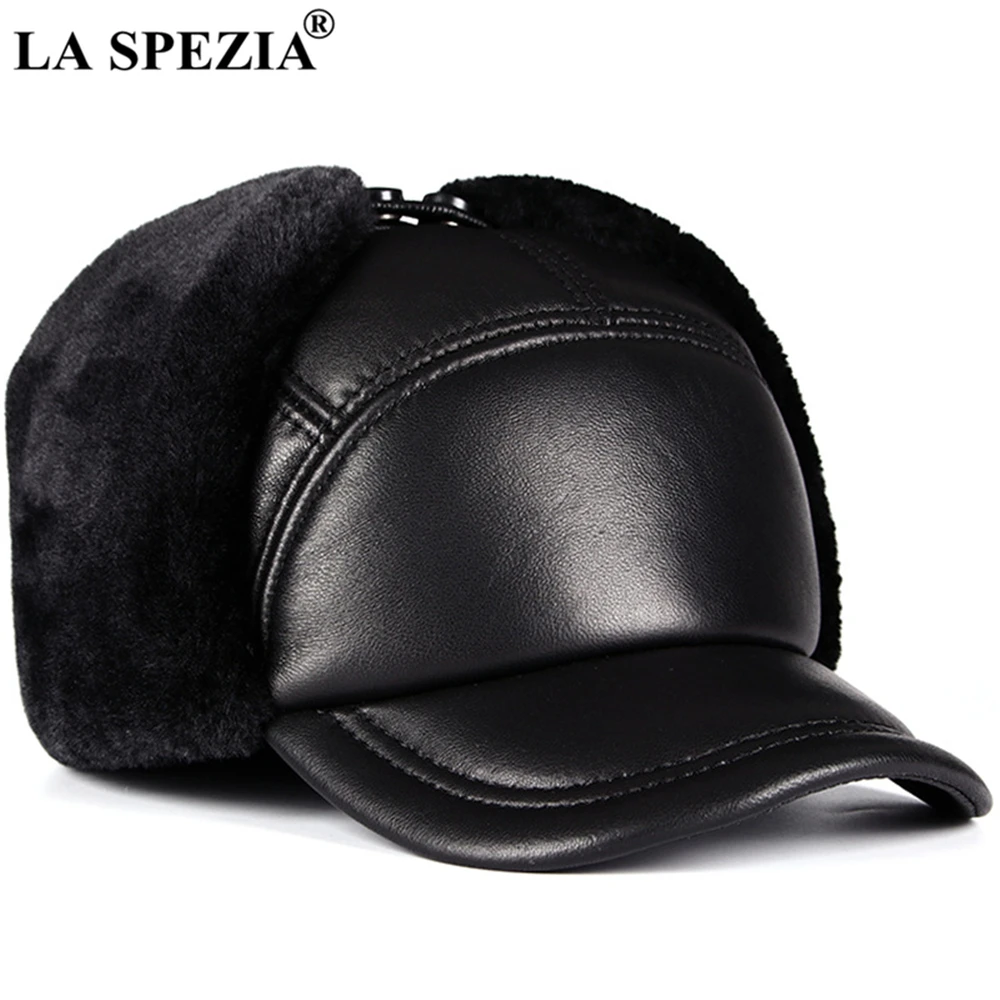 LA SPEZIA Winter Hat Men Genuine Leather Sheepskin Bomber Hat Earflap Black Warm Thick Ski Snow Windproof Male Russian Hat