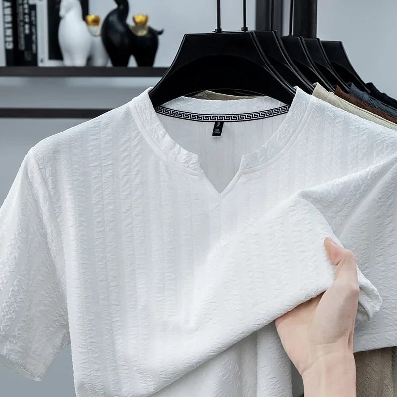 Mens Vertical Embossed Texture Notch Henley Short Sleeve T Shirts Soft Stretch Breathable Casual Tops For Summer Daily