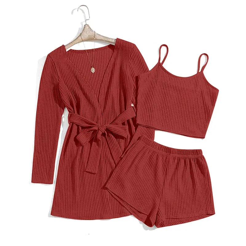 Three-piece Home Wear Set For Women, Waffle Knitted Suspenders, U-neck Top, Trousers, Robe, Pajamas, Three-piece Set