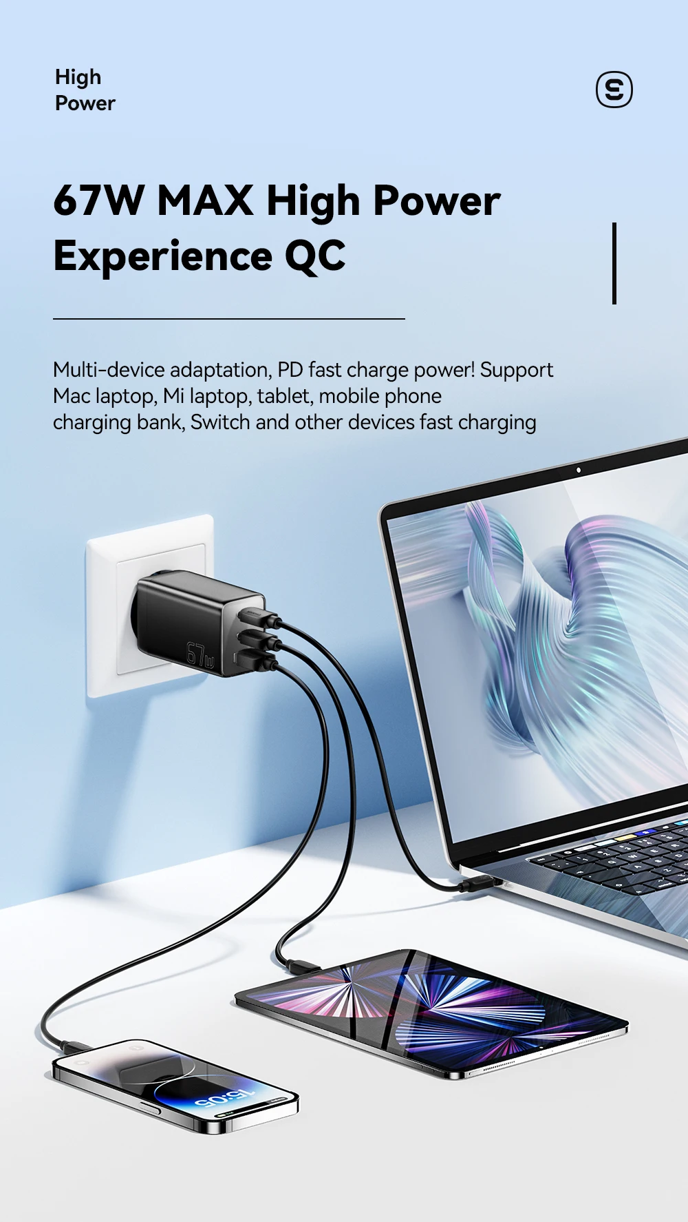 Essager 67 W GaN USB-Ladegerät QC 4.0 PD 3.0 65 W Typ C Schnellladung für Samsung Huawei Xiaomi iPhone 15 14 Telefon-Laptop-Ladegeräte – Detail 2