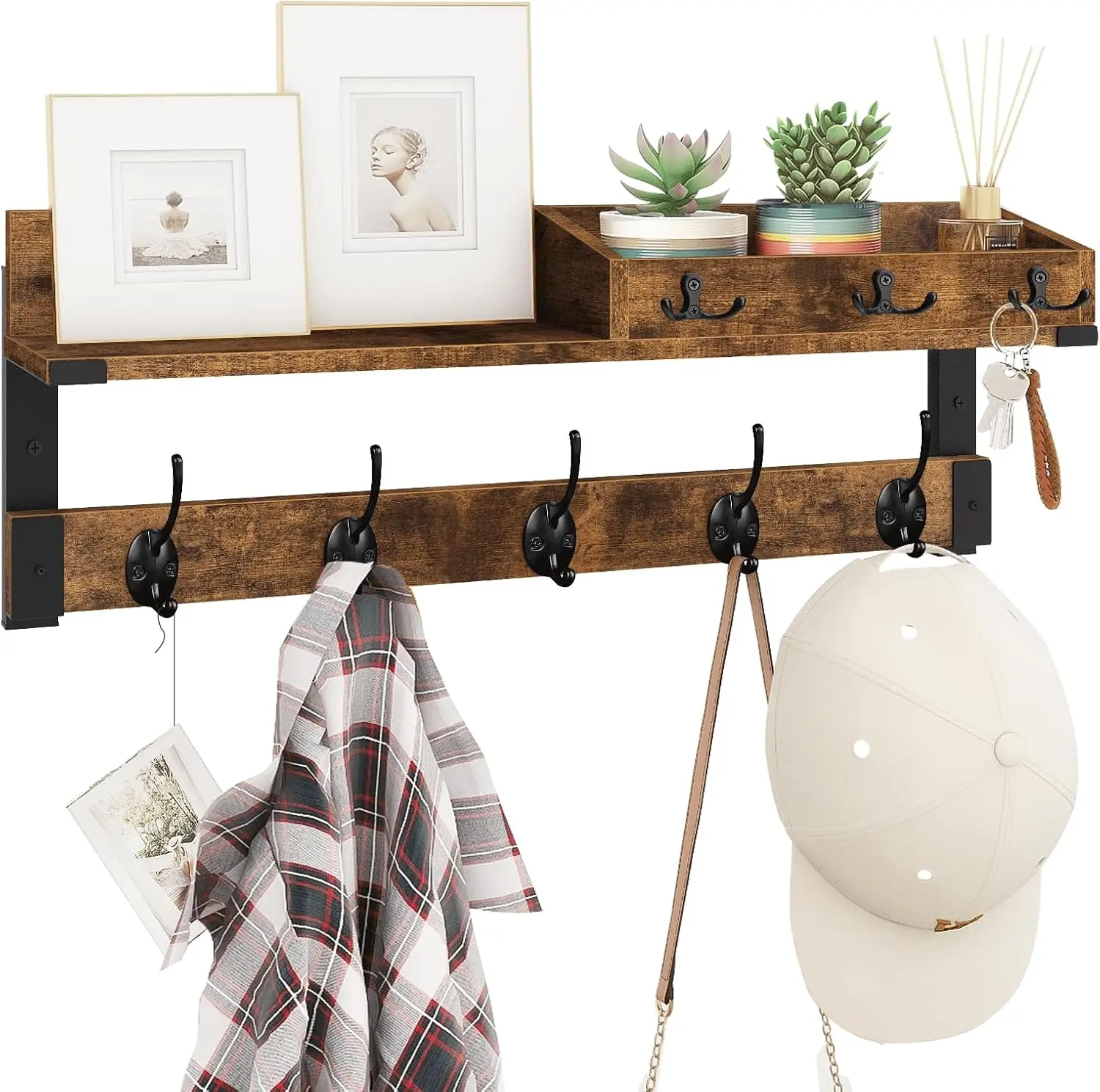 

Rustic Wood Wall Shelf with Hooks, 26 Inch Coat Rack for Entryway Storage, Key Holder in Brown Black