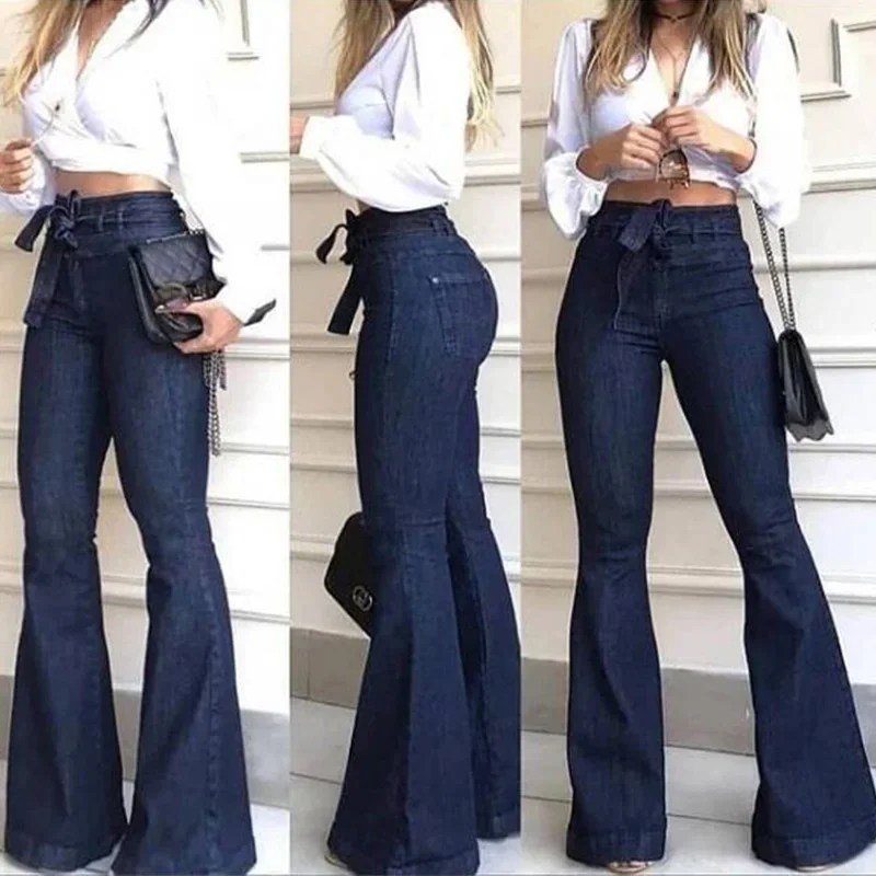 Elegant High เอว LACE-up Flare กางเกงผู้หญิงสะโพกเดินทางกระดิ่งด้านล่าง DENIM กางเกงแฟชั่นหญิง Streetwear