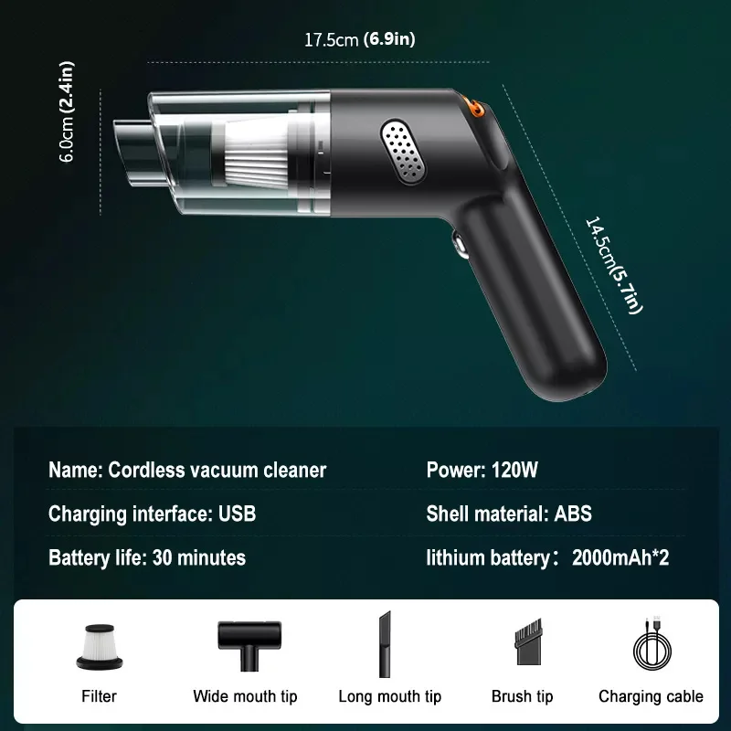 Aspirador Doméstico Sem Fio, Carregamento USB, 15000PA, 120W, Aparelho de Limpeza Portátil, Mini Aspirador a Húmido e Seco, Doméstico e Automóvel