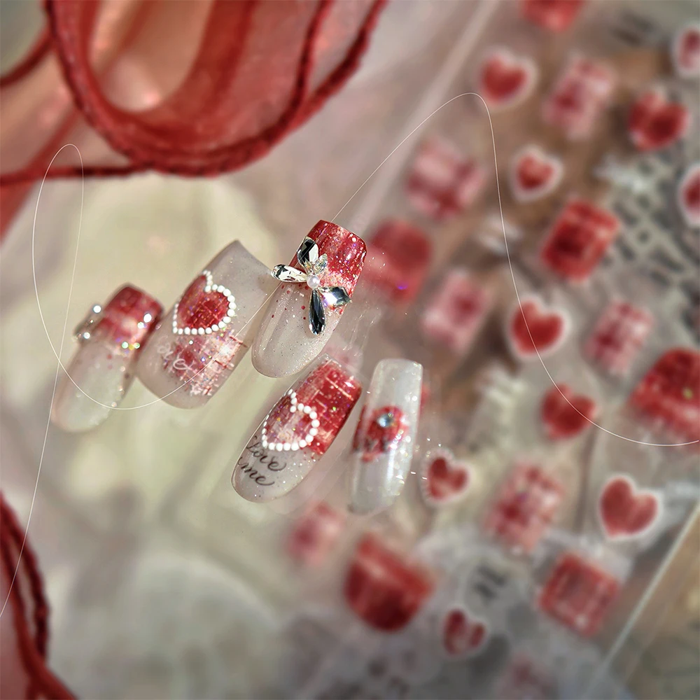 1 Uds. De pegatinas para uñas con textura de lana dulce, rejilla de corazón, collar de perlas francesas de amor a cuadros, calcomanías para uñas, deslizadores de manicura de estilo coreano Y2K