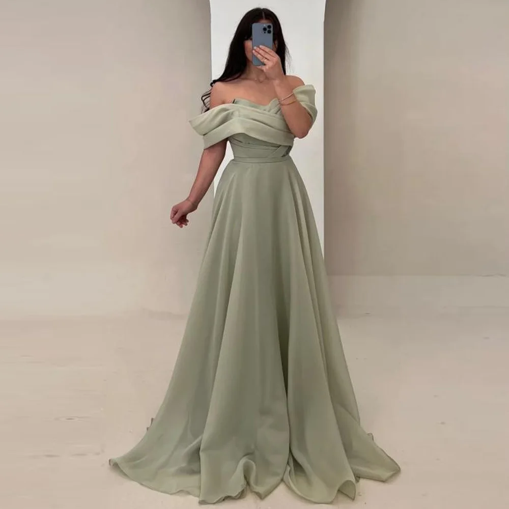 

Customized Green Organza Off the Shoulder Evening Dress Modern Style Short Sleeves Party Dresses Classic A-Line Prom Dress