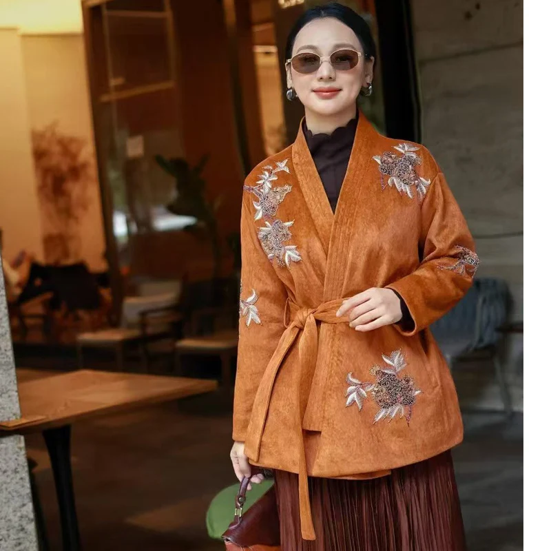 Women V Neck Beaded Embroidery Belted +Padded Coat Autumn Winter Fashion Warm Lady Cotton Outerwear S-XL