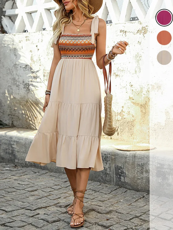 

Ladies Patchwork Ethnic Sle Svel Dr High Waist A-Line Skirt Bal One oulder Dr Summer Casual Loose Fit