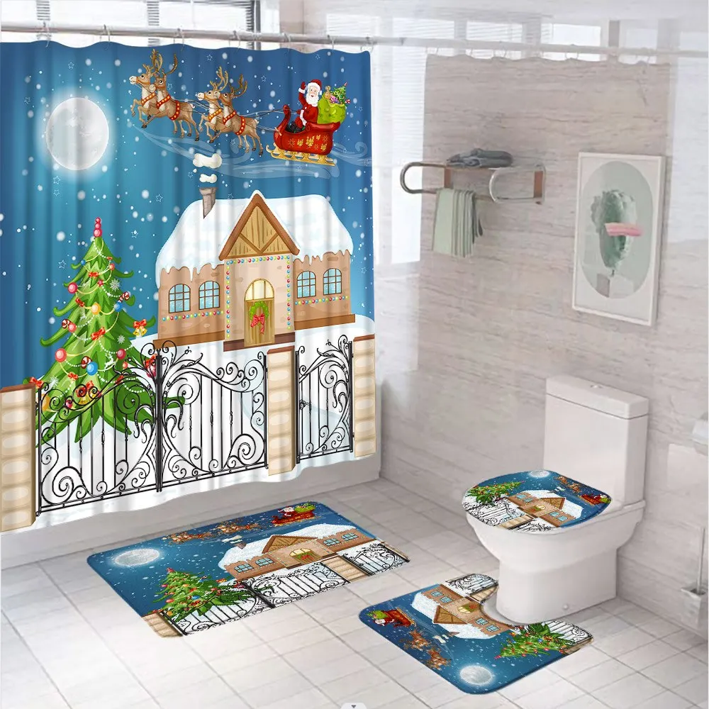 4Pcs Christmas Snowman Reindeer Bathroom Set Shower Curtain Rug Bath Mat Toilet Cover Xmas Tree Kids Bathtub Screen With 12 Hook