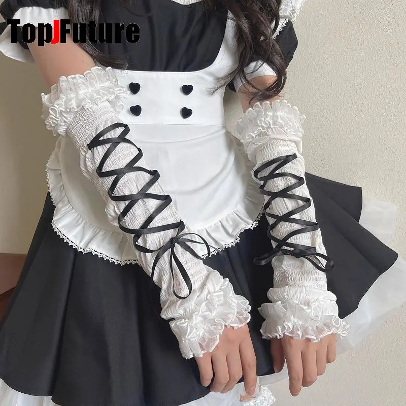 Gothic Women Y2K Lolita Fingerless Gloves Arm Warmers Knitted Kawaii Lace Hand Work Gloves Anime Cosplay Ankle Wrist Sleeves