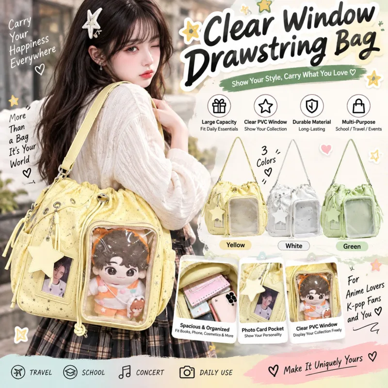 20cm Star Print Itabag Drawstring, Y2K Backpacks Cute Plush Doll Display, Tote Bag Clear Window Shoulder, Crossbody Kawaii Gift