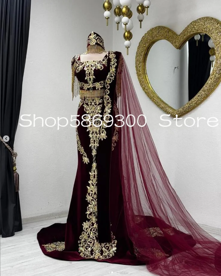 Burgundy Velvet Two Pieces Prom Dresses Customsized With Veil Sparkly Applique Crystal Caftan Morocco Kaftan Evening Gown Outfit