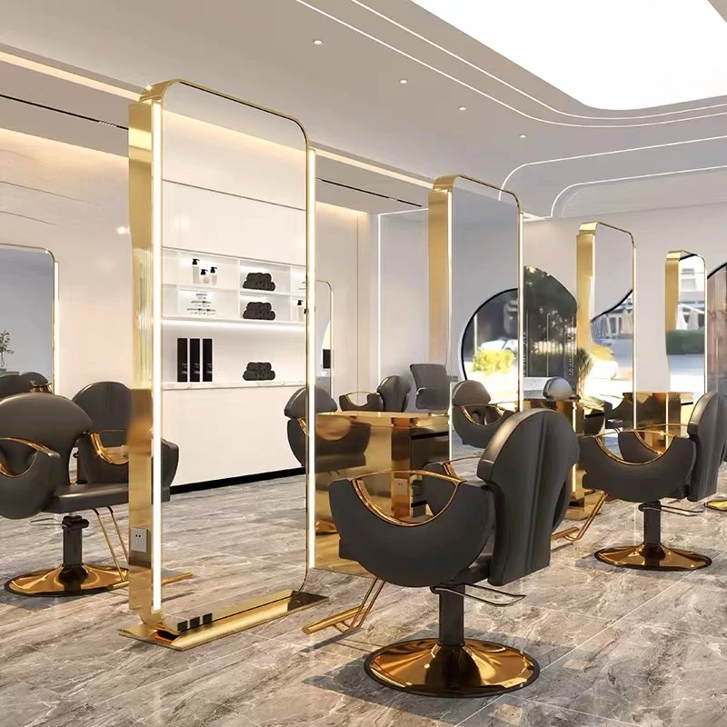 Floor LED Luxury Light LED Mirror Cabinet Hair Beauty Salon Furniture Barber Station barber chairs double side mirror