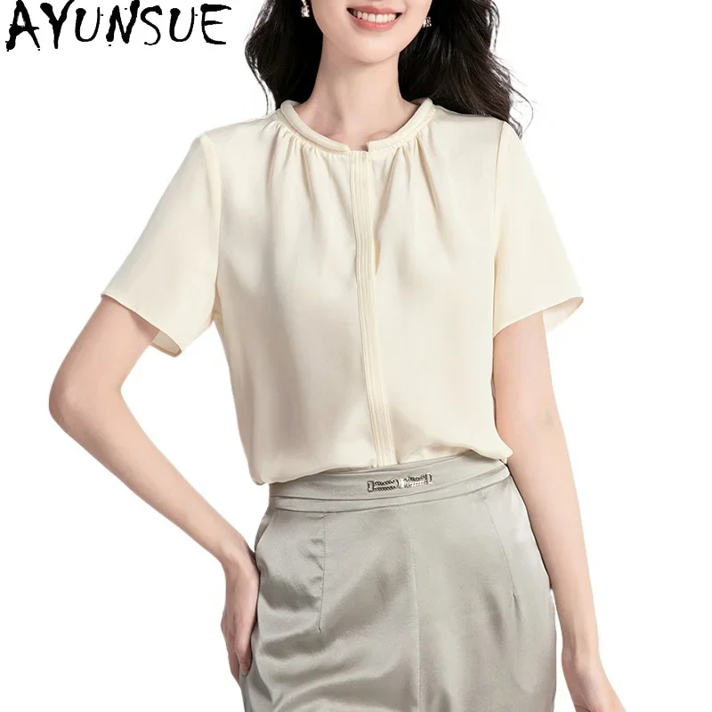 

AYUNSUE 100% Real Mulberry Silk T Shirts for Woman Luxury Summer Tops Casuales Fashion Elegant Women Clothing Футболка 2024