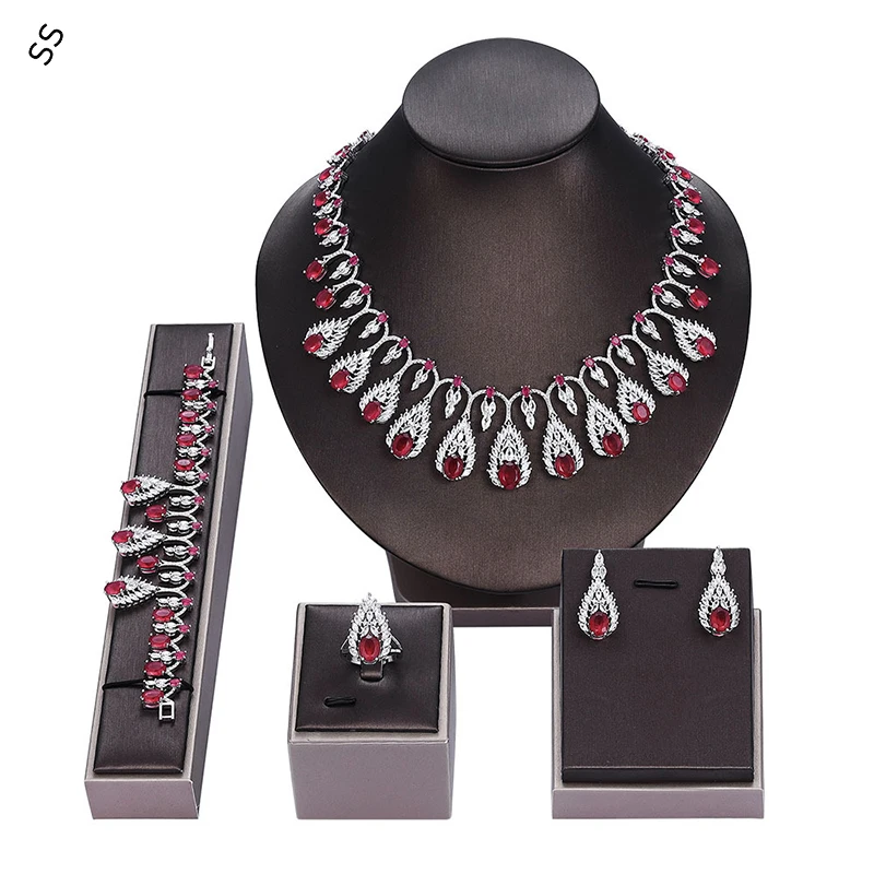 Elegant Women's Dresses Jewelry Accessories Necklace Earring Ring Bracelet 4 Pieces Sets with Gems Zircon Inlaid