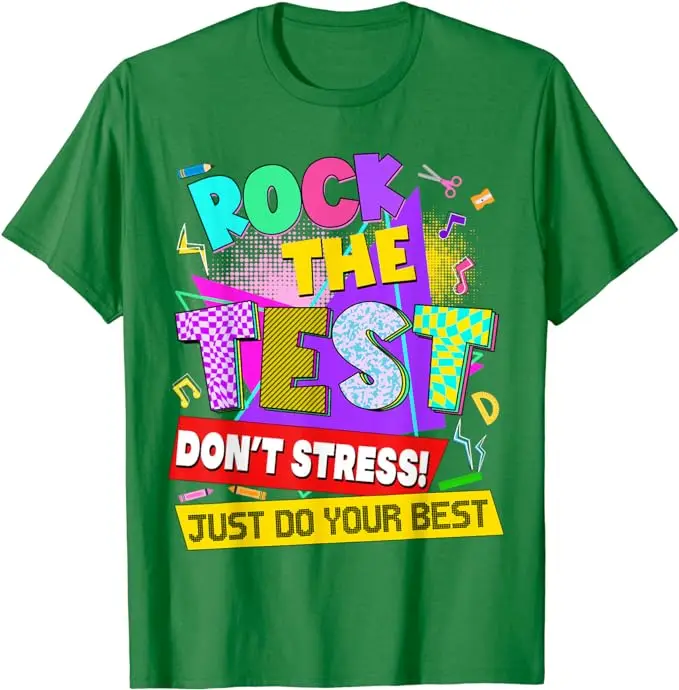 Rock The Test Dont Stress Testing Day Teachers Students T-Shirt Women's Fashion Graphic Tees Mama Wife Gift Short Sleeve Blouses