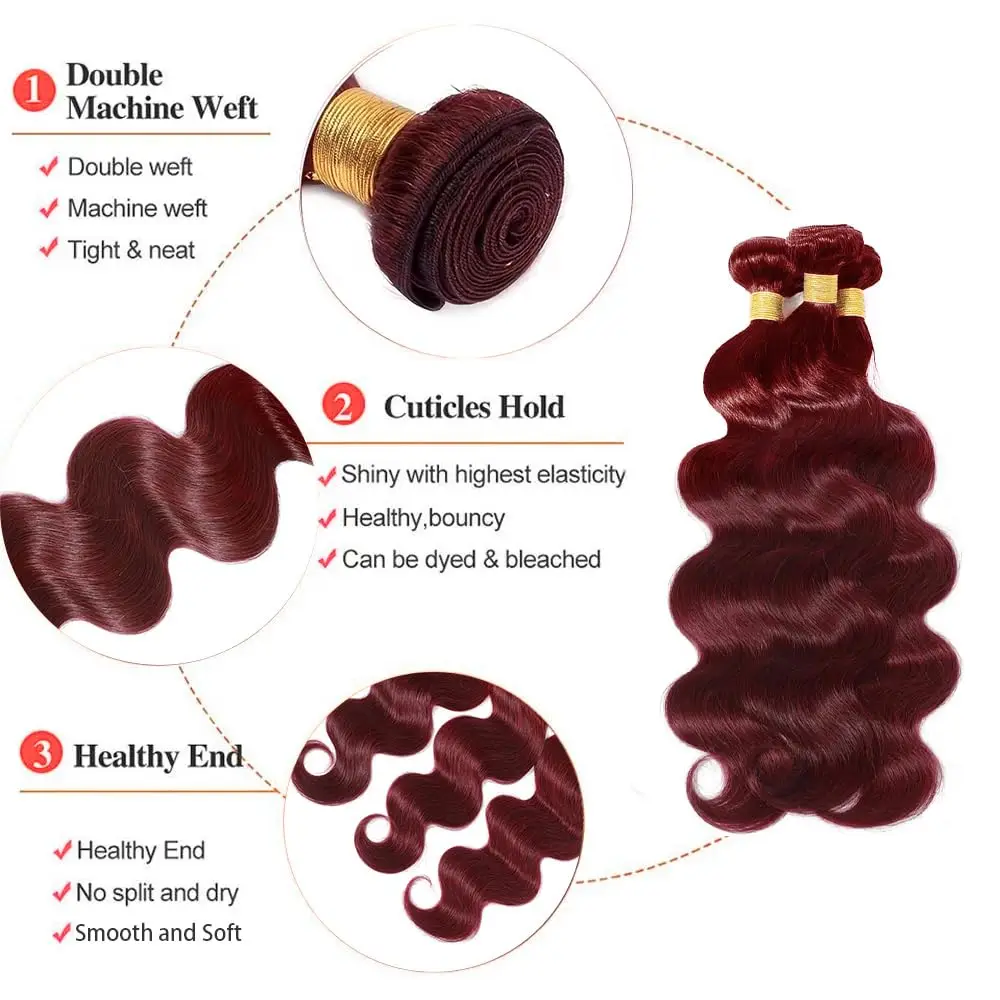 بورجوندي 99j الجسم موجة حزم الشعر البشري 30 بوصة 100% غير المجهزة النبيذ البشري الأحمر حزم الشعر 4/5 حزم لحمة مزدوجة تمديد