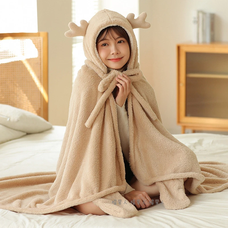 

Winter Nightgown Shawl Thickened Bathrobe Blanket Nap Pullover Antler Sweatshirt Office Cute Student Solid Color Hooded Fashion