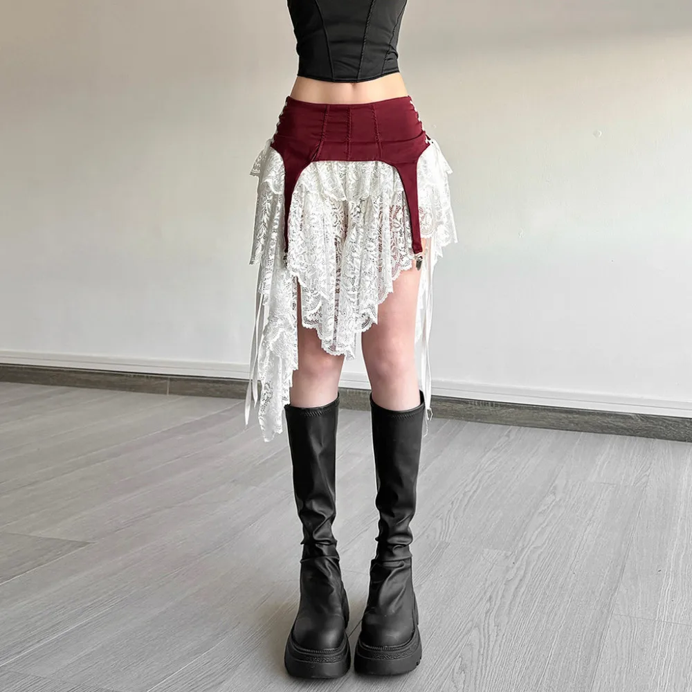

SylCue Contrast Patchwork Skirts Women High Waist Irregular Mesh Ribbon Street Fashion Sweet Style Elegant Skinny Mini Bottoms