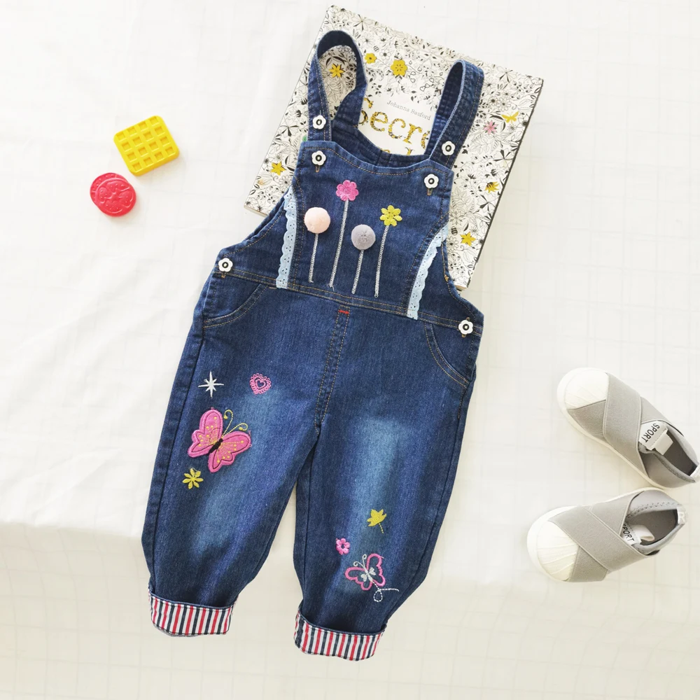 IENENS Baby Girls Overalls Kids Trousers Denim Dungarees Embroidery Butterfly Pants Toddler Infant  Jumpsuit 0-4 Years Clothes