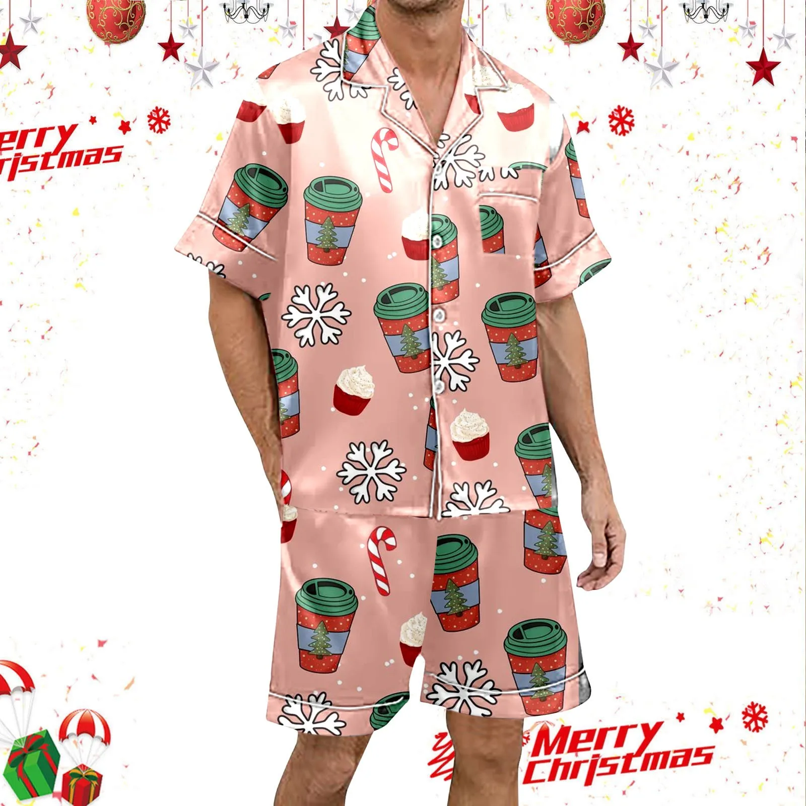 Men Pajama Sets Casual Home Clothes Christmas Pajamas Set Women 2-Piece Silk Satin Short-Sleeved Shirt And Shorts Sleepwear