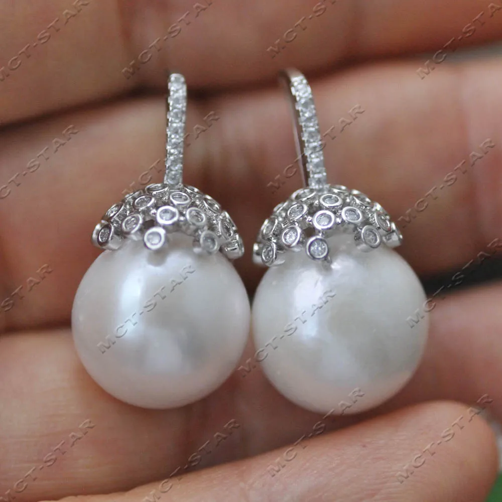 Z14712 15mm Crown CZ Cap Almost Round White Edison Pearl Dangle Earrings For Women