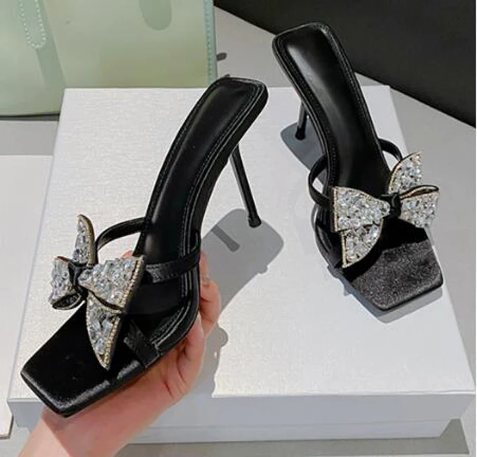 Sexy Rhinestone Butterfly Knot Peep Toe High Heels Slipper Sandals Crystal Bowtie Women Slide Sandals Shoes