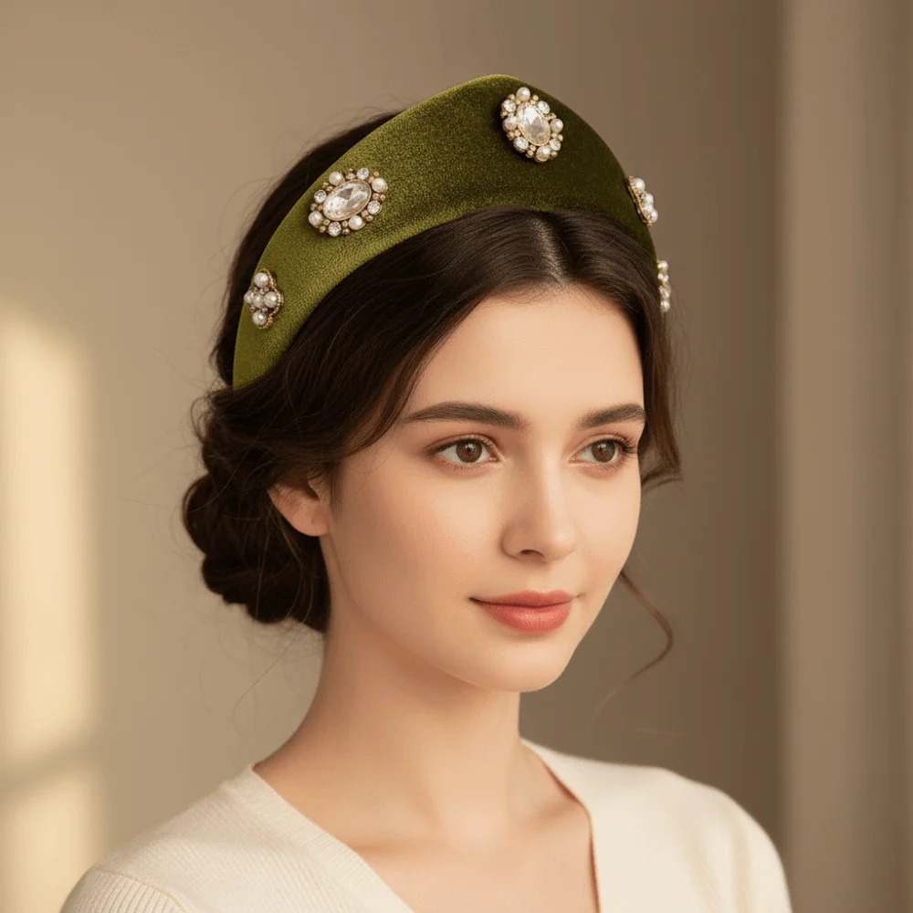 

Retro Elegant Velvet Triangle Headband British Baroque Crown Hair Hoop Classical Wide Edge Rhinestone Pearls Hairband Women