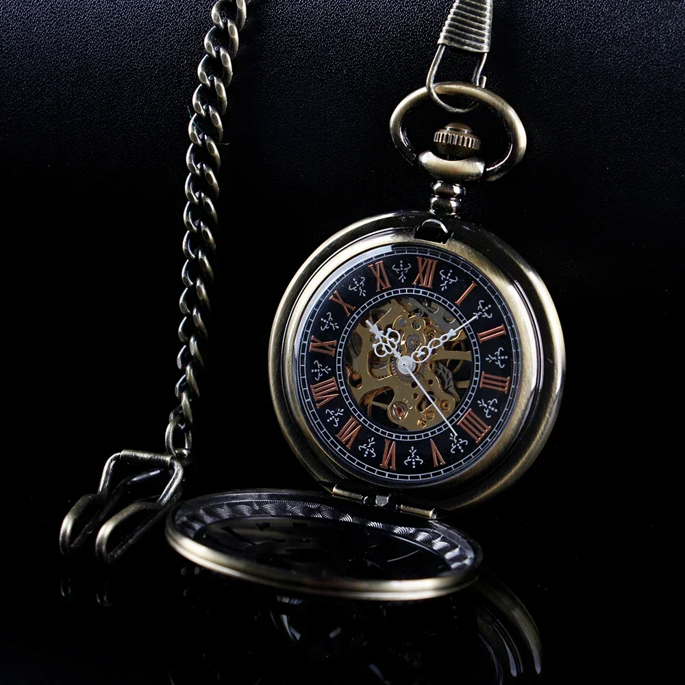 Punk Vintage Men Mechanical Pocket Watch Arabic Numerals Hollow Poker Pattern Half Hunter Bronze Pocket Clock Gift