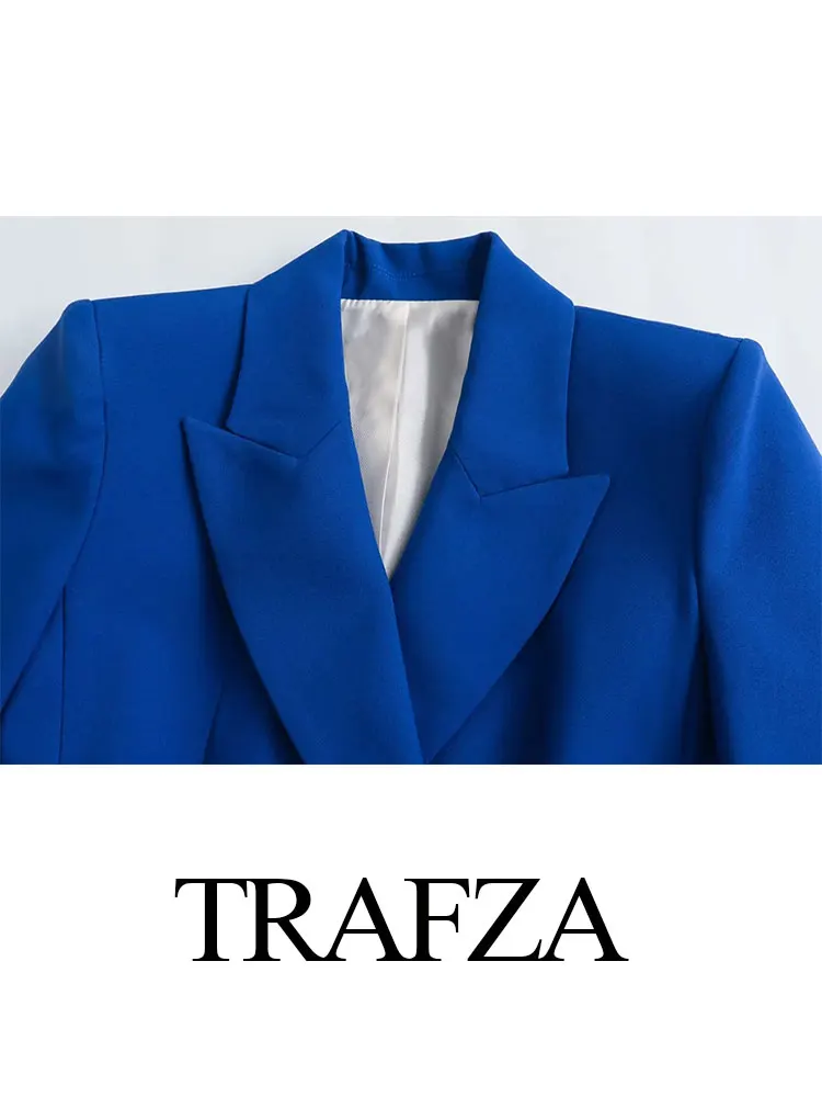 TRAFZA Autumn Women\'s Office Blazers  Fashion V Tie Belt Long Sleeve Double Breasted Slim Fit Women\'s Pocket Blazer Tops