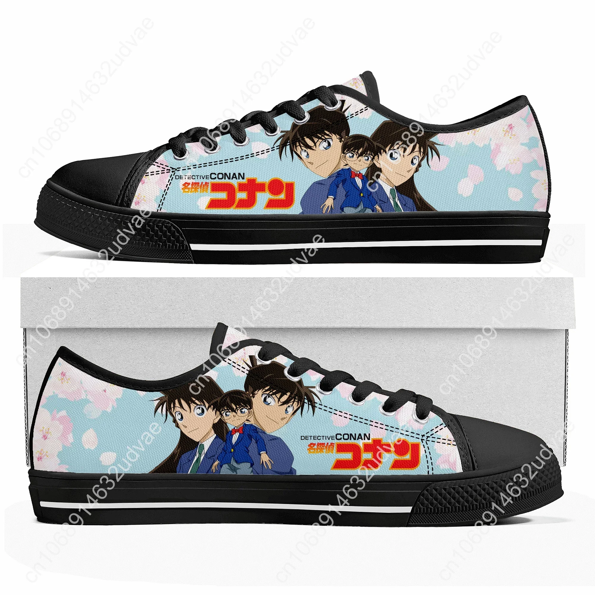 Detective Conan-Manga Low Top tênis para homens e mulheres, tênis de lona para adolescente, sapatos pretos personalizados para casais, desenhos animados, alta qualidade