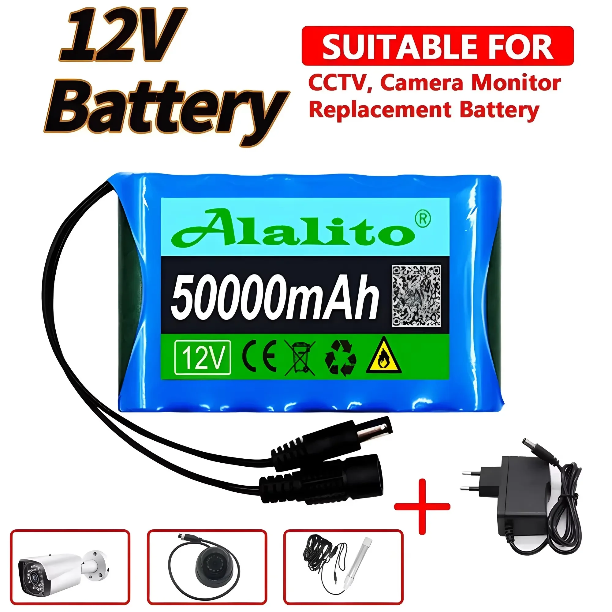 NEW 12V 50000mah Portable Super Rechargeable Lithium Ion Battery Pack Capacity DC 12.6v 30Ah CCTV Cam Monitor + Charger