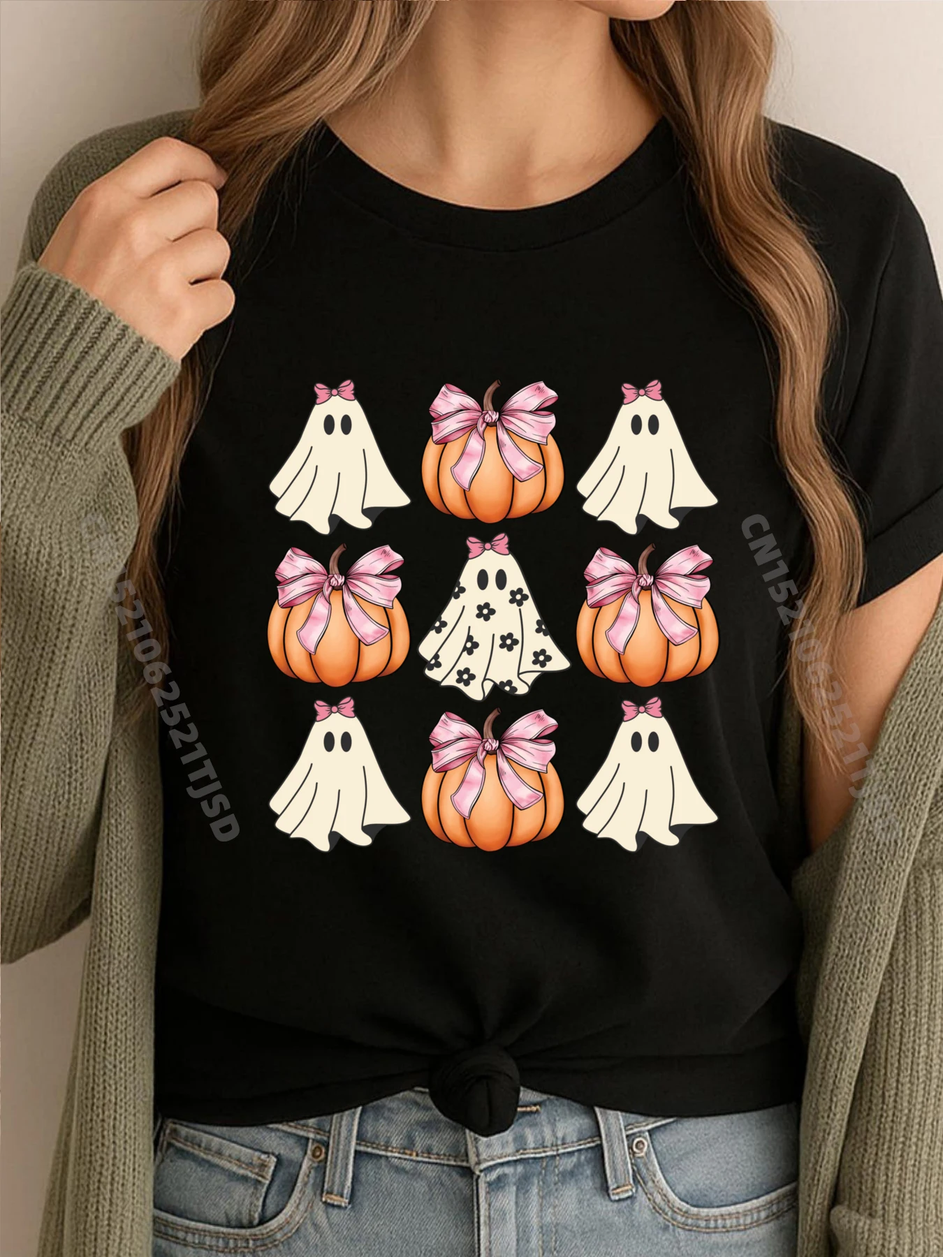 لطيف شبح الأزهار الوردي Coquette الانحناء القرع هالوين الفاخرة تي شيرت امرأة عالية الجودة السنة الجديدة الكورية #1