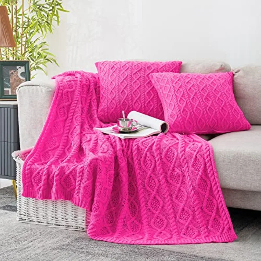 

Cable Knit Throw Blanket Set of 3, "" Blanket and 218"18" Pillow Covers, Soft Cozy Acrylic for Couch, Bed, Sofa